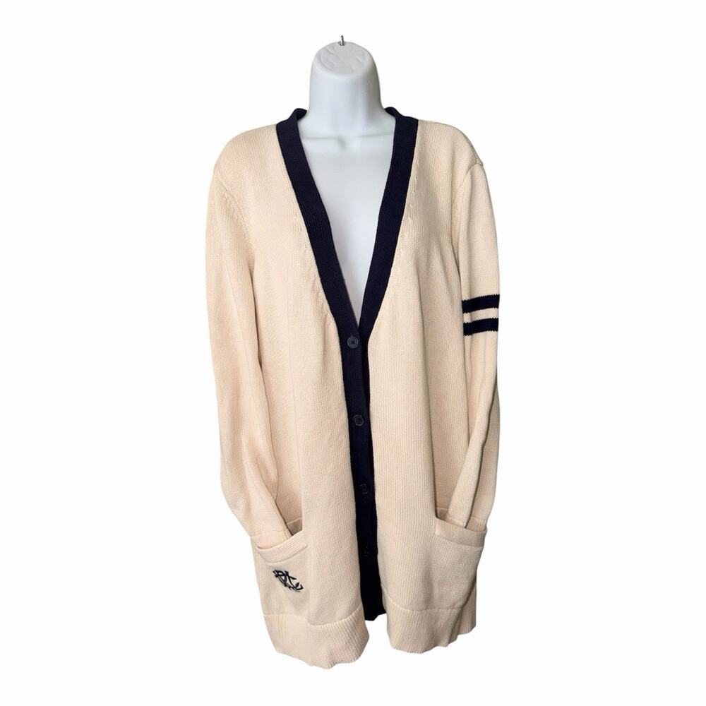 Lauren Ralph Lauren Cardigan 2X Cream Navy Varsity LRL Monogram Preppy Cotton